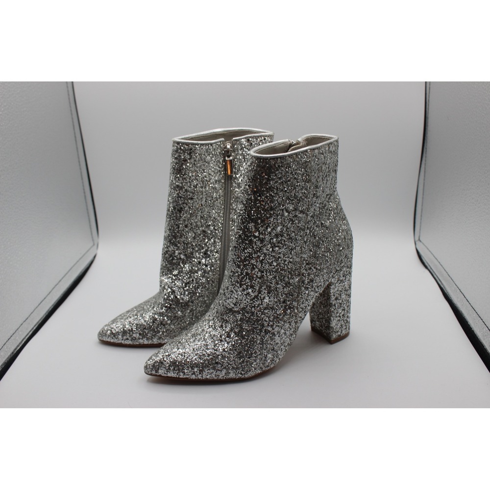 ShoeDazzle Minda Silver Glitter Pointed Toe Block Heel Ankle Boots Womens 6.5‎
